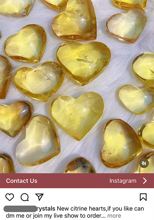 yellow hearts being advertised as citrine in an Instagram post